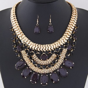 Oval Shape Gems Decorated Golden Snake Chain Necklace and Waterdrop Earrings Set - Black