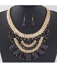 Oval Shape Gems Decorated Golden Snake Chain Necklace and Waterdrop Earrings Set - Black