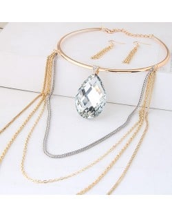 Giant Crystal Waterdrop Pendant with Multi-layer Tassel Design Fashion Necklet and Earrings Set