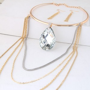 Giant Crystal Waterdrop Pendant with Multi-layer Tassel Design Fashion Necklet and Earrings Set