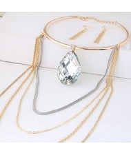 Giant Crystal Waterdrop Pendant with Multi-layer Tassel Design Fashion Necklet and Earrings Set
