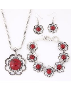 Turquoise Inlaid Plum Blossom Vintage Style Necklace Bracelet and Earrings Set - Red