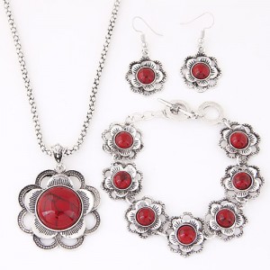 Turquoise Inlaid Plum Blossom Vintage Style Necklace Bracelet and Earrings Set - Red