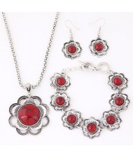 Turquoise Inlaid Plum Blossom Vintage Style Necklace Bracelet and Earrings Set - Red