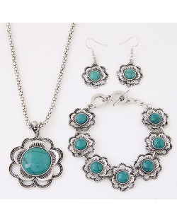 Turquoise Inlaid Plum Blossom Vintage Style Necklace Bracelet and Earrings Set - Teal