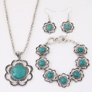 Turquoise Inlaid Plum Blossom Vintage Style Necklace Bracelet and Earrings Set - Teal