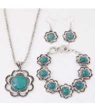 Turquoise Inlaid Plum Blossom Vintage Style Necklace Bracelet and Earrings Set - Teal