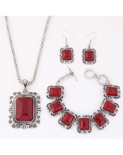 Turquoise Embedded Square Fashion Necklace Bracelet and Earrings Set - Red