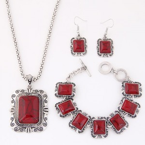 Turquoise Embedded Square Fashion Necklace Bracelet and Earrings Set - Red