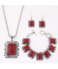 Turquoise Embedded Square Fashion Necklace Bracelet and Earrings Set - Red