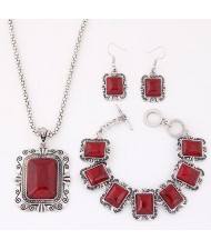 Turquoise Embedded Square Fashion Necklace Bracelet and Earrings Set - Red