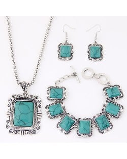 Turquoise Embedded Square Fashion Necklace Bracelet and Earrings Set - Teal