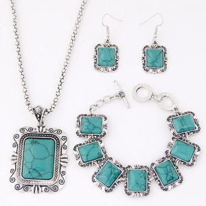 Turquoise Embedded Square Fashion Necklace Bracelet and Earrings Set - Teal