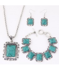 Turquoise Embedded Square Fashion Necklace Bracelet and Earrings Set - Teal