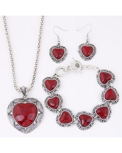Turquoise Inlaid Hears Vintage Style Fashion Necklace Bracelet and Earrings Set - Red