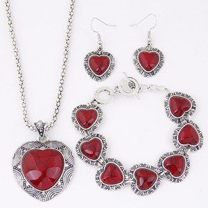 Turquoise Inlaid Hears Vintage Style Fashion Necklace Bracelet and Earrings Set - Red