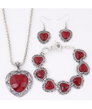 Turquoise Inlaid Hears Vintage Style Fashion Necklace Bracelet and Earrings Set - Red
