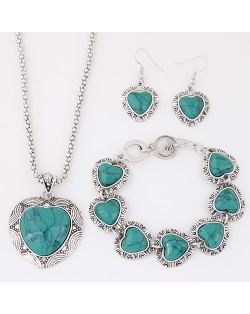 Turquoise Inlaid Hears Vintage Style Fashion Necklace Bracelet and Earrings Set - Teal