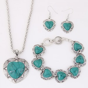 Turquoise Inlaid Hears Vintage Style Fashion Necklace Bracelet and Earrings Set - Teal