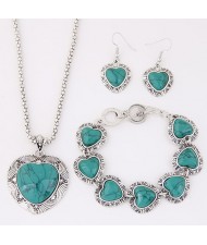 Turquoise Inlaid Hears Vintage Style Fashion Necklace Bracelet and Earrings Set - Teal