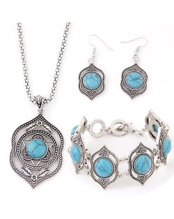 Turquoise Inlaid Hollow Artistic Design Vintage Fashion Necklace Bracelet and Earrings Set - Blue