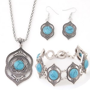 Turquoise Inlaid Hollow Artistic Design Vintage Fashion Necklace Bracelet and Earrings Set - Blue