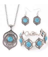 Turquoise Inlaid Hollow Artistic Design Vintage Fashion Necklace Bracelet and Earrings Set - Blue