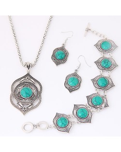 Turquoise Inlaid Hollow Artistic Design Vintage Fashion Necklace Bracelet and Earrings Set - Teal