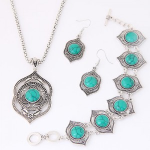 Turquoise Inlaid Hollow Artistic Design Vintage Fashion Necklace Bracelet and Earrings Set - Teal