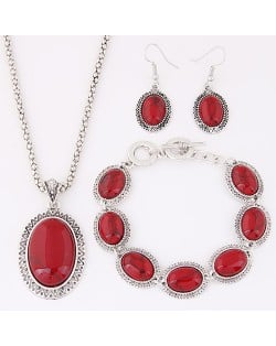 Oval Turquoise Inlaid Fashion Necklace Bracelet and Earrings Set - Red