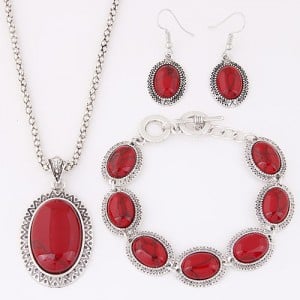 Oval Turquoise Inlaid Fashion Necklace Bracelet and Earrings Set - Red