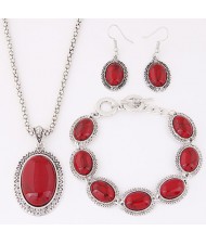 Oval Turquoise Inlaid Fashion Necklace Bracelet and Earrings Set - Red