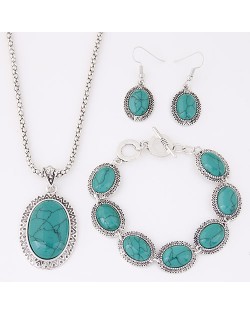 Oval Turquoise Inlaid Fashion Necklace Bracelet and Earrings Set - Teal