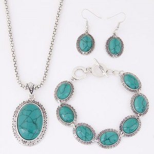 Oval Turquoise Inlaid Fashion Necklace Bracelet and Earrings Set - Teal