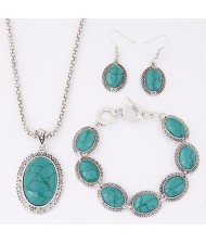 Oval Turquoise Inlaid Fashion Necklace Bracelet and Earrings Set - Teal