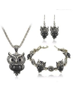 Turquoise Inlaid Night Owl Theme Fashion Necklace Bracelet and Earrings Set - Black