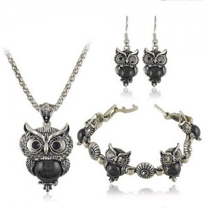 Turquoise Inlaid Night Owl Theme Fashion Necklace Bracelet and Earrings Set - Black