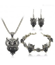 Turquoise Inlaid Night Owl Theme Fashion Necklace Bracelet and Earrings Set - Black
