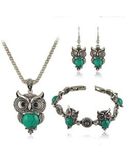 Turquoise Inlaid Night Owl Theme Fashion Necklace Bracelet and Earrings Set - Green