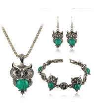 Turquoise Inlaid Night Owl Theme Fashion Necklace Bracelet and Earrings Set - Green