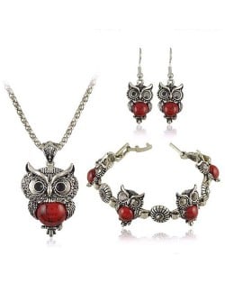 Turquoise Inlaid Night Owl Theme Fashion Necklace Bracelet and Earrings Set - Red