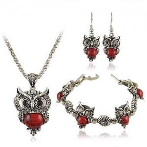 Turquoise Inlaid Night Owl Theme Fashion Necklace Bracelet and Earrings Set - Red