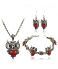 Turquoise Inlaid Night Owl Theme Fashion Necklace Bracelet and Earrings Set - Red