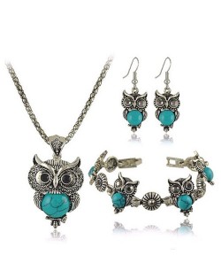 Turquoise Inlaid Night Owl Theme Fashion Necklace Bracelet and Earrings Set - Teal