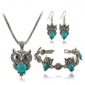 Turquoise Inlaid Night Owl Theme Fashion Necklace Bracelet and Earrings Set - Teal