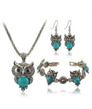 Turquoise Inlaid Night Owl Theme Fashion Necklace Bracelet and Earrings Set - Teal