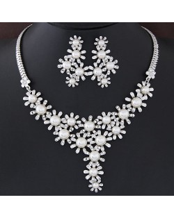 Rhinestone and Pearl Embellished Adorable Chrysanthemum Necklace and Earrings Set - Silver