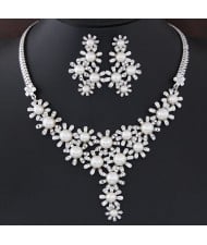 Rhinestone and Pearl Embellished Adorable Chrysanthemum Necklace and Earrings Set - Silver
