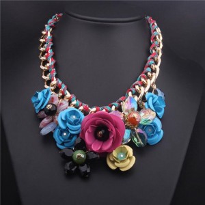 Vivid Sweet Summer Flowers Cluster Design Fashion Necklace - Rose Blue