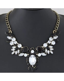 Sparkling Acrylic Gems Floral Pendant Statement Fashion Necklace - Black